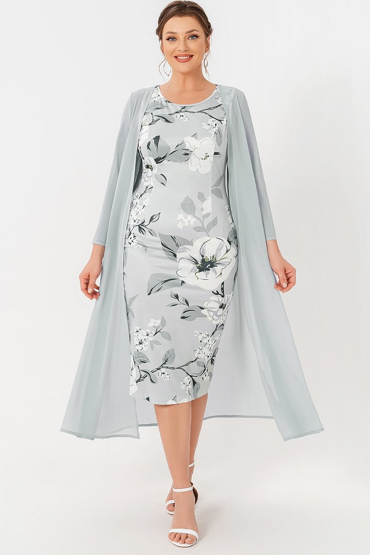 Flycurvy Plus Size Mother Of The Bride Grey Chiffon Floral Print Two Piece Tea-Length Dress  Flycurvy [product_label]