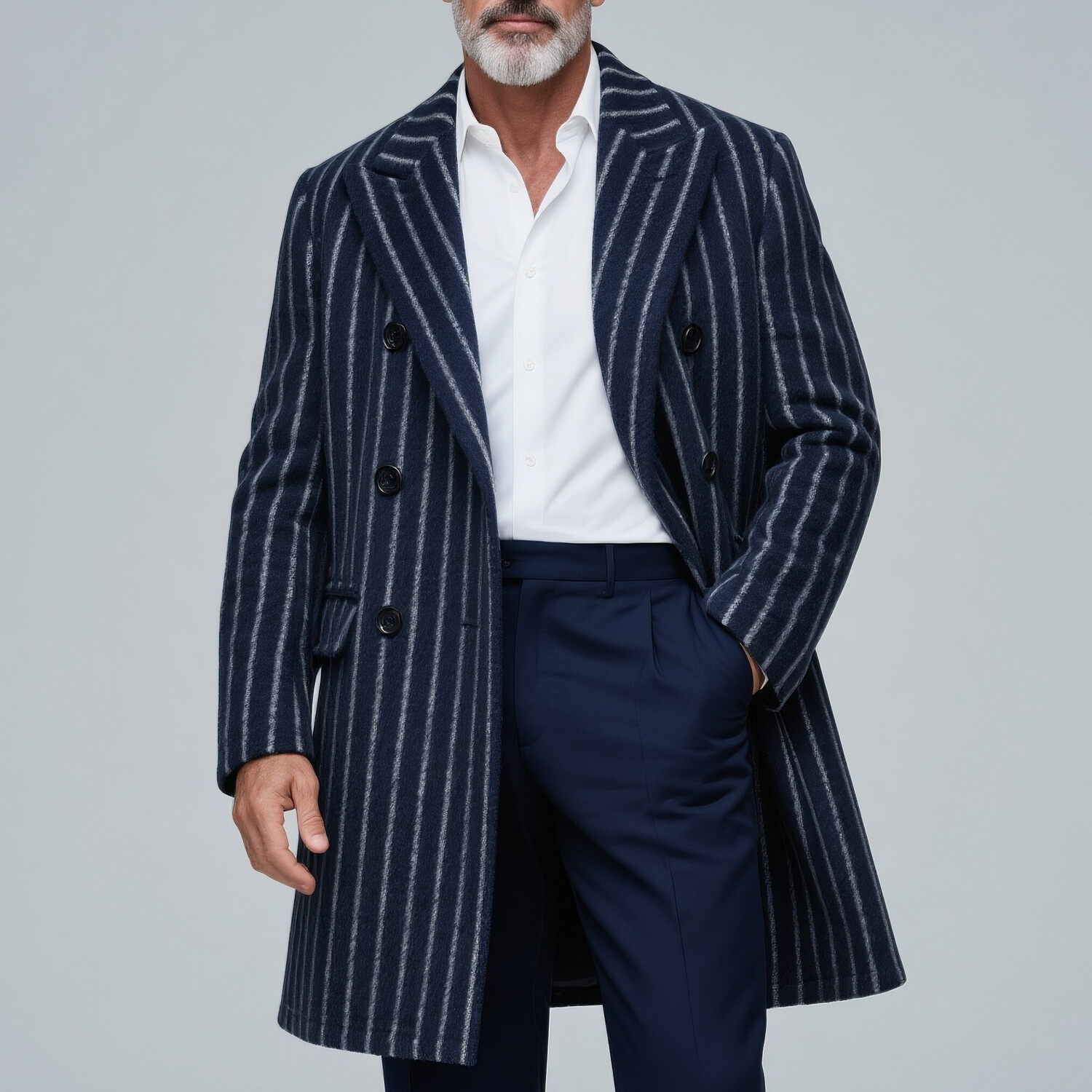 Men's Business Peaked Lapel Long Sleeve Double Breasted Striped Overcoat