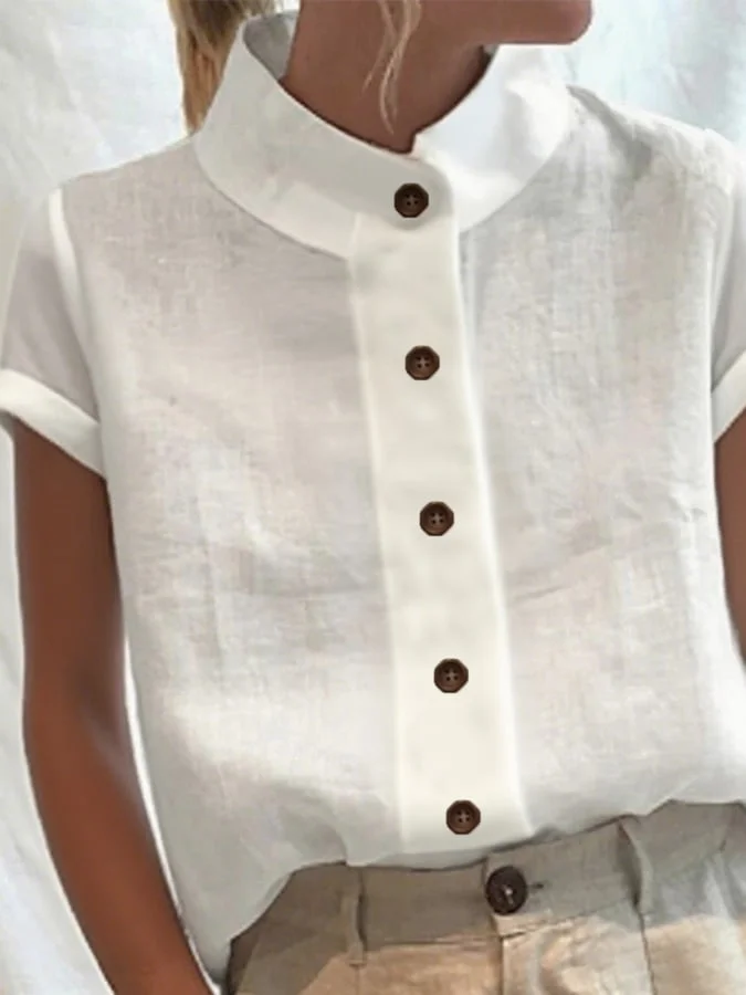 Women's Casual Solid Color Cotton and Linen Stand Collar Shirt 