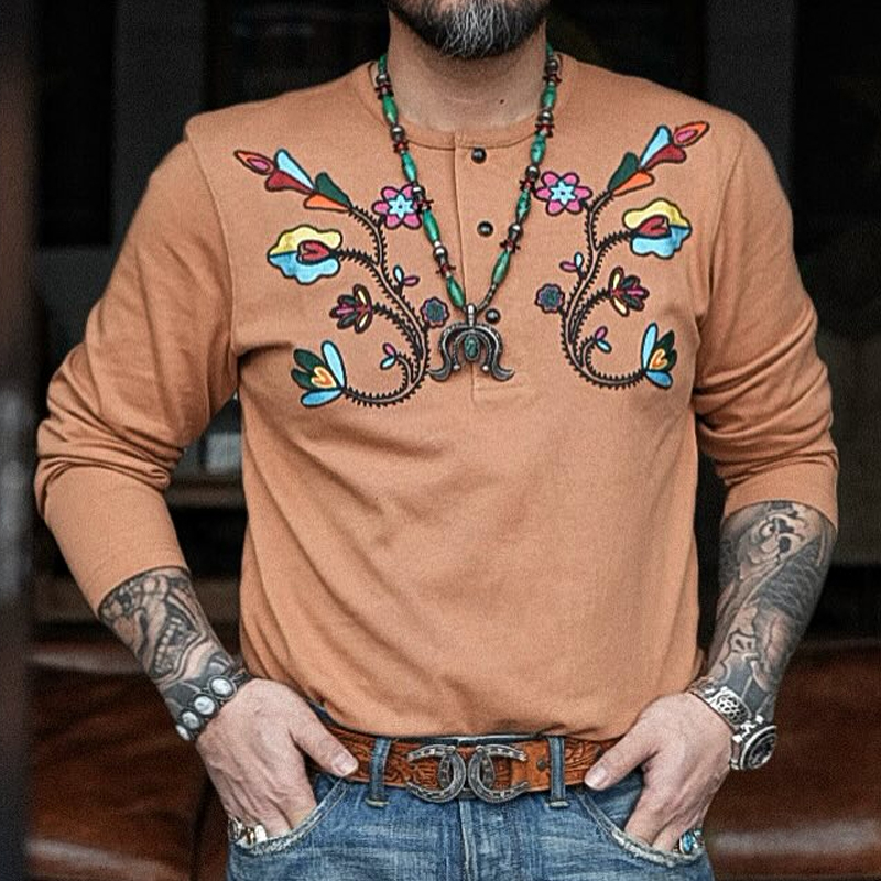 Men's Fashionable Embroidered Orange Henry Shirt
