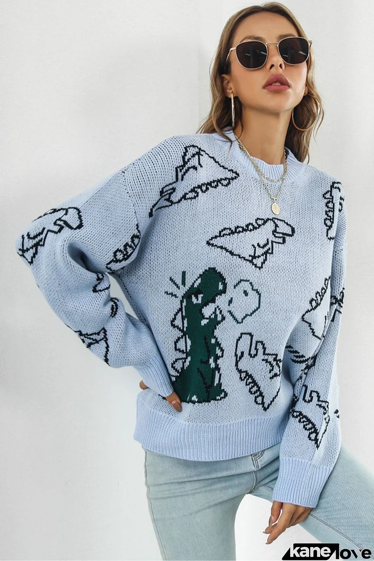 Dinosaur Pattern Round Neck Sweater
