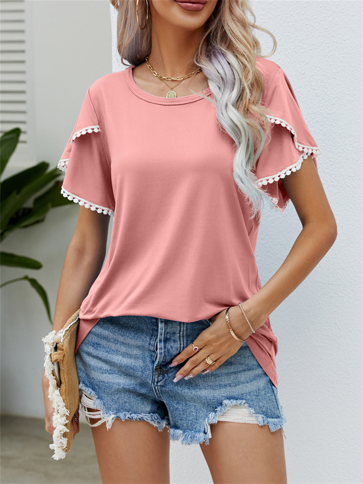 Women's Summer New Solid Color Round Neck Loose Tassel Tulip Sleeve T-shirt Comfortable Casual Tops Female