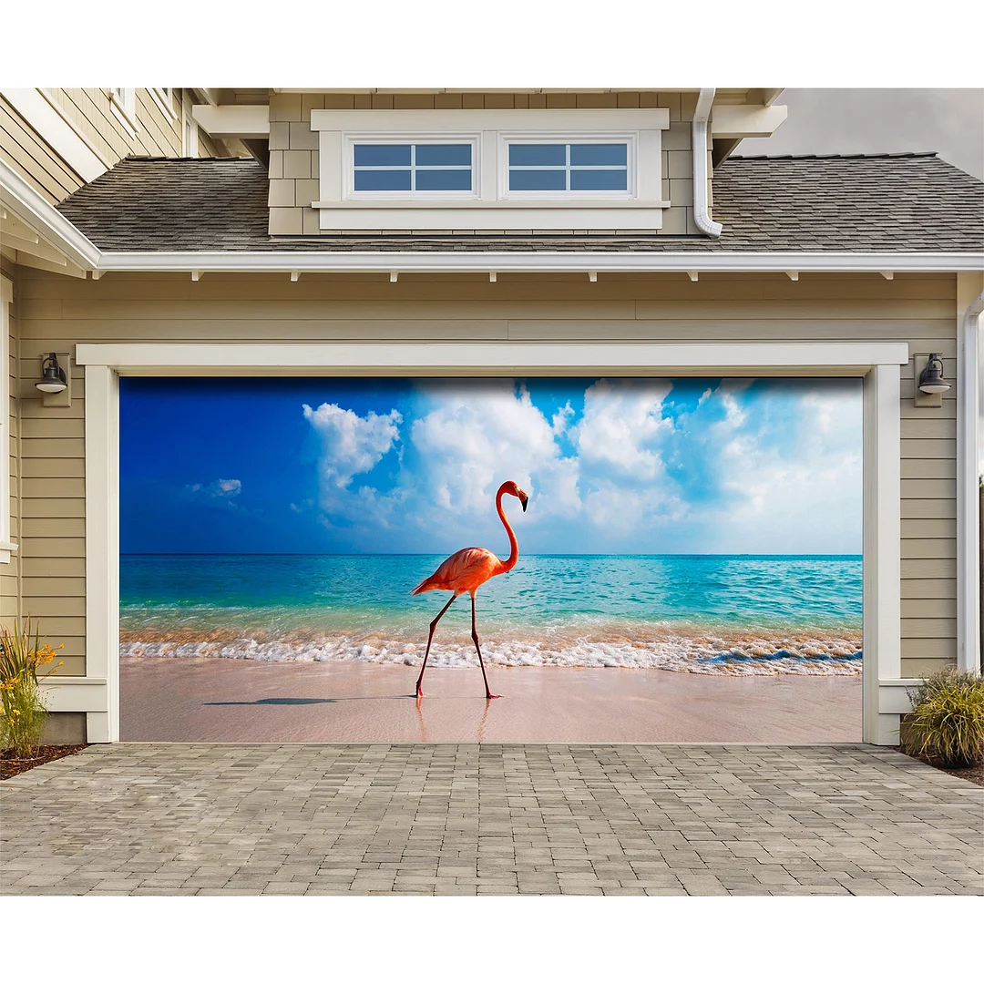 Walking On The Beach Flamingo Garage Door Mural