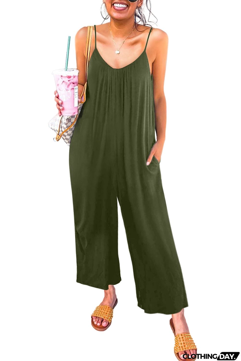 Spaghetti Straps Wide Leg Pocketed Jumpsuits