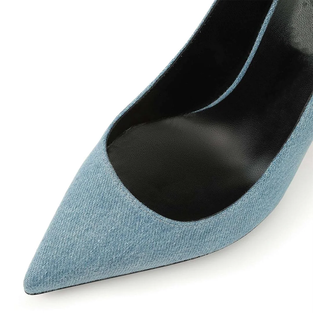 Denim Blue Pointed Rhinestone Embellished Heels for Elegant Ladies