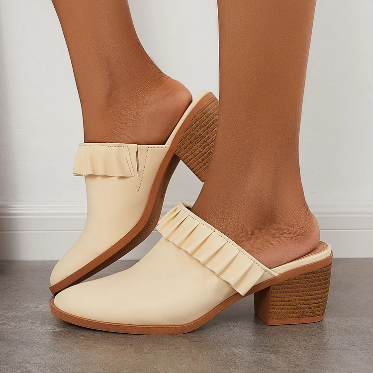 Ruffle Chunky Heeled Mules Boots Closed Toe Slip on Backless Shoes