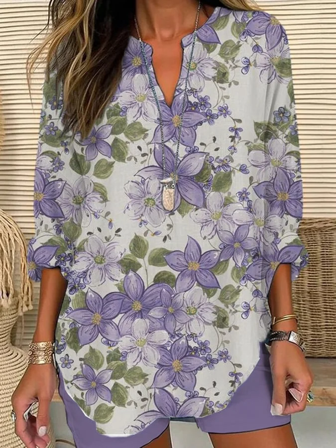 Women's Purple Floral Loose Long Sleeve Crew Neck Top