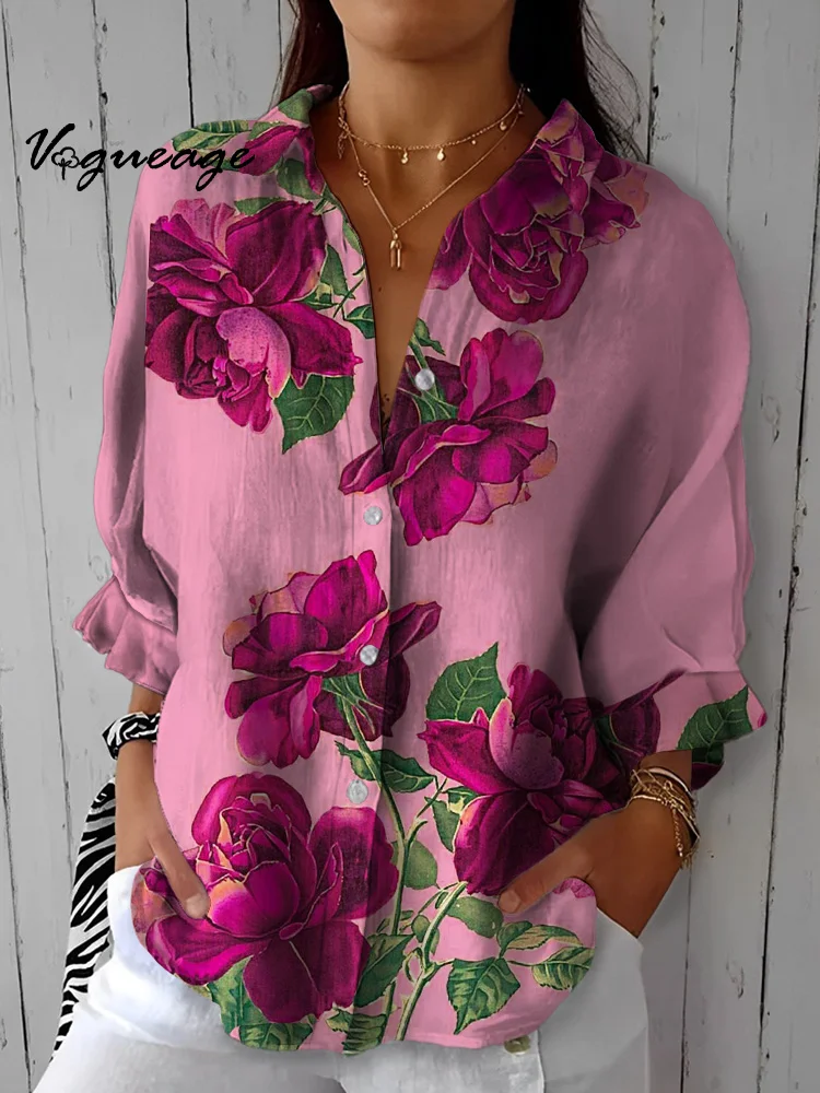 Gorgeous And Noble Flowers Printed Three-Quarter Sleeves Cotton And Linen Shirt