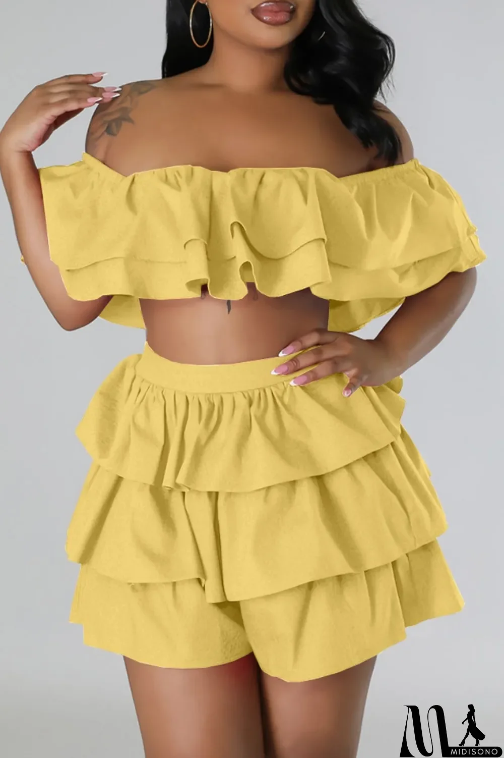 MidiSono - Rose Red Sexy Casual Solid Patchwork Backless Off the Shoulder Short Sleeve Two Pieces