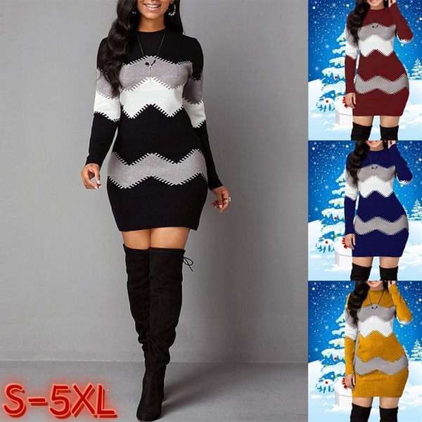 New Fashion Bodycon Dresses For Women Long Sleeve Dress O-neck Knitted Multi-color Wave Striped Slim-fit Christmas Sweaters - Shop Trendy Women's Fashion | TeeYours
