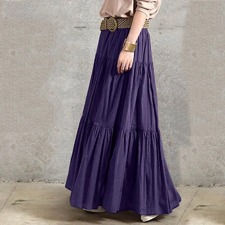 Plus Size Cotton and Linen Solid Color Loose Long Swing Skirt VangoghDress
