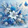 (Framed)Diamond Painting -DIY Round Drill Blue Flowers and Birds with Frame(25x25cm)