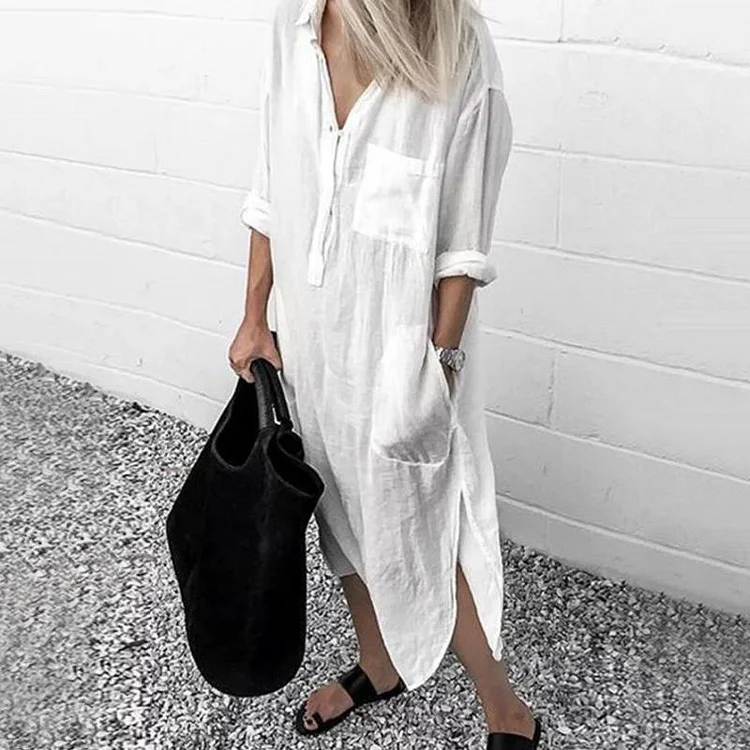 VChics Casual Solid Color Long Sleeve Pocket Shirt Maxi Dress