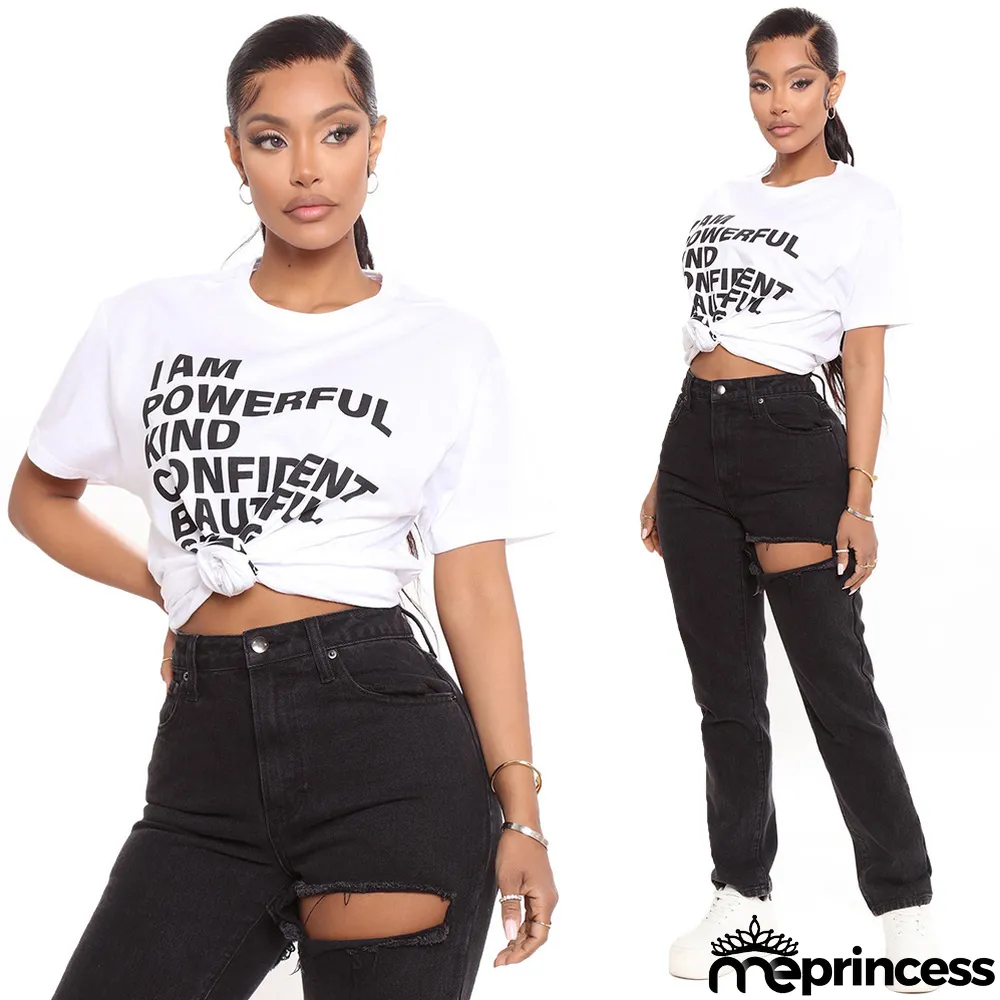 Summer Fashion Casual White Print Ladies T-Shirt