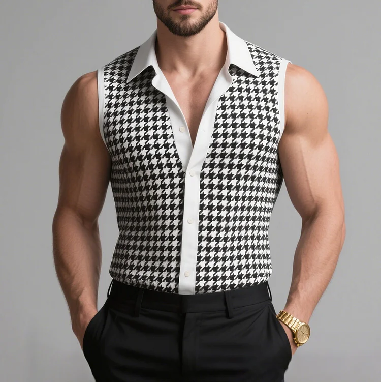Okaywear Turndown Collar Sleeveless Button Houndstooth Shirt Okaywear