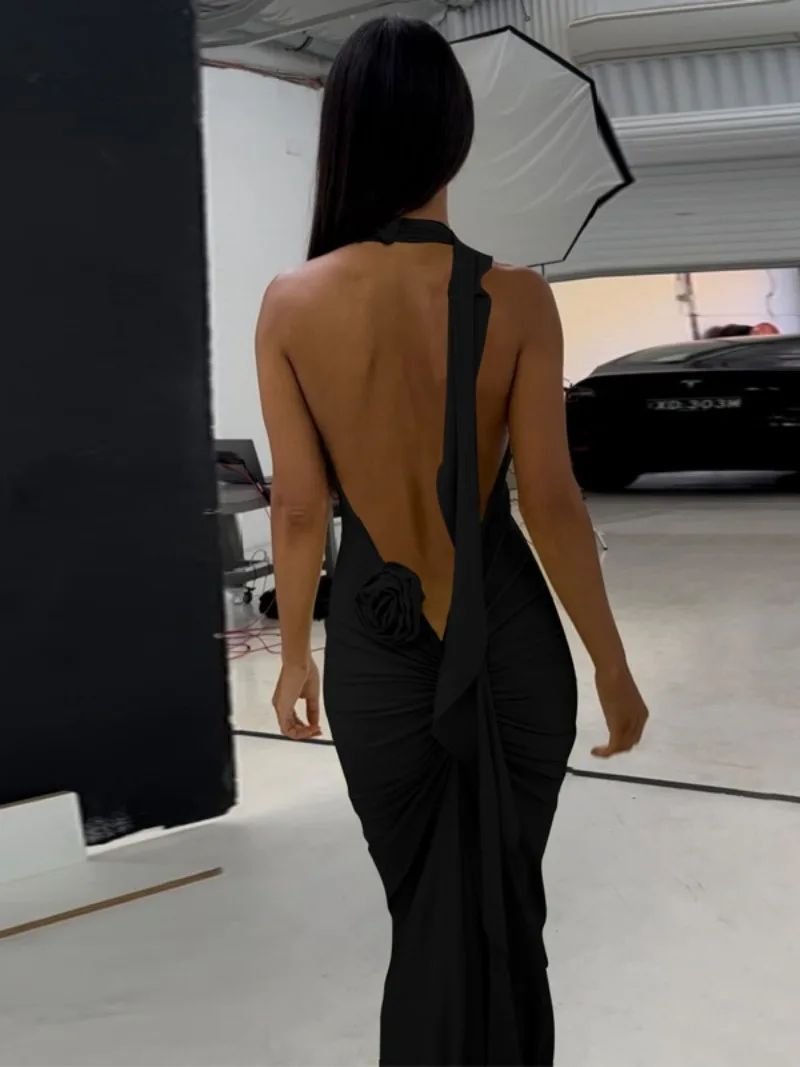 Wicketwarriorss school outfits Fashion Women's Summer Halter Neck Backless Long Maxi Dress Elegant Female Sleeveless Bandage Folds Slim Evening Party Dresses