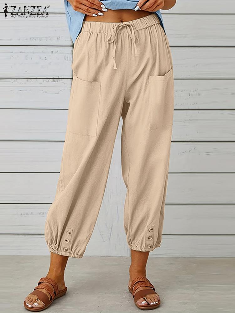 2024 ZANZEA Pants Summer Vintage Harem Pant Elastic High Waist Trousers Elegant Solid Long Pantalon Holiday Work Palazzo