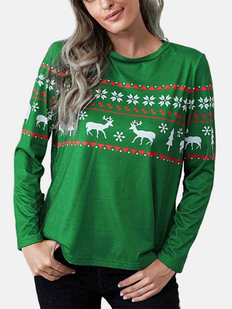 Christmas Elk Print Long Sleeve Casual T shirt For Women P1768029