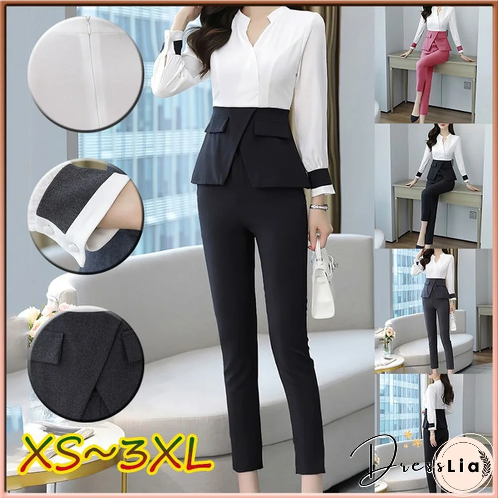 Designer Autumn Suit Women Pants 2 Piece Set Elegant Office Lady Outfits Hit Color Blouse And Pants Fashion Sets