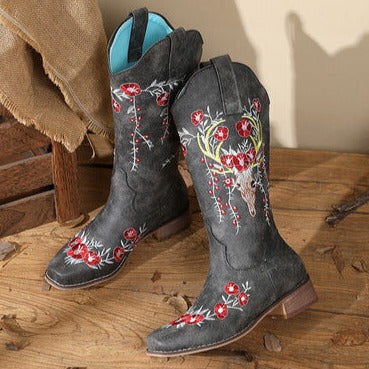Women's flower embroidery block heels mid calf cowboy boots Low heels western boots