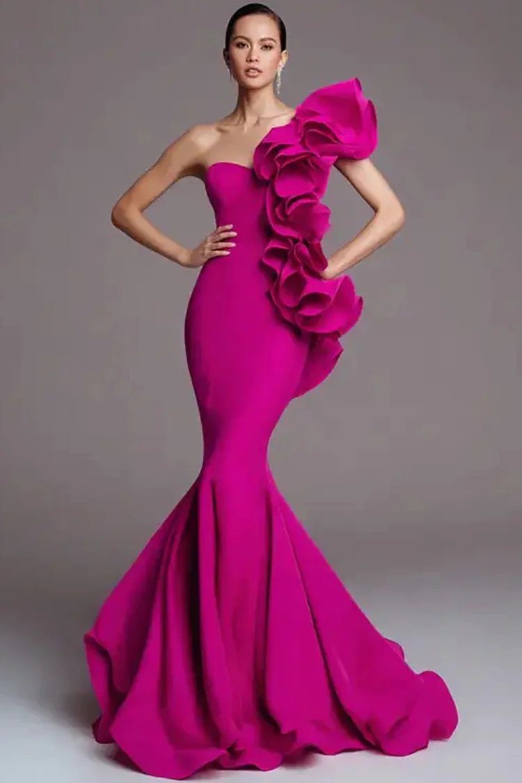 Asymmetric Ruffle One Shoulder Mermaid Maxi Dress-Fuchsia [Custom-Made]