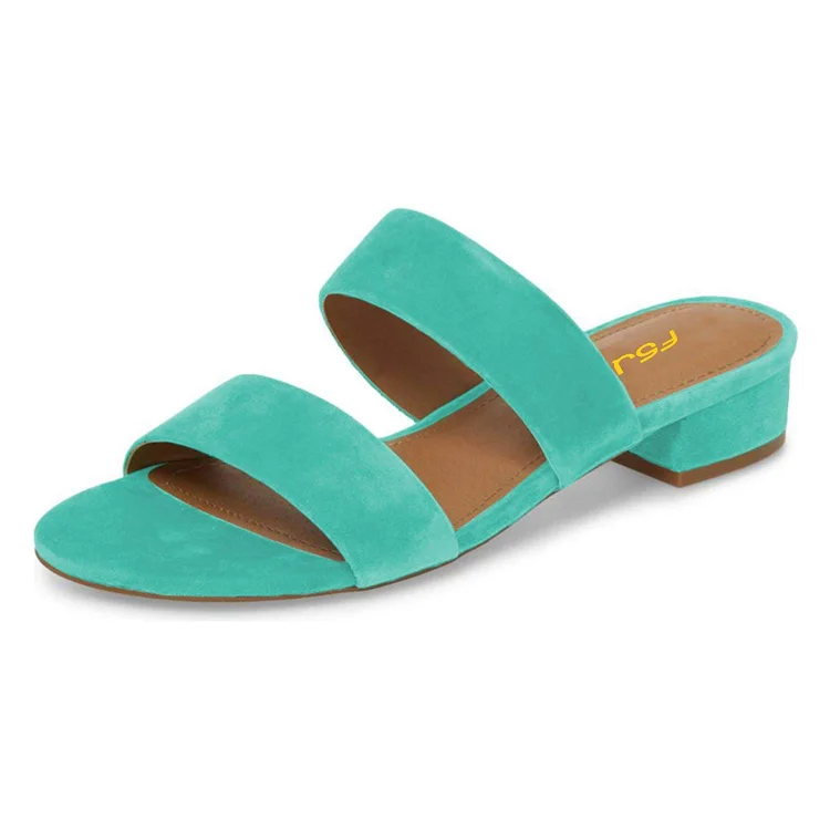Turquoise Vegan Suede Double Strap Low Block Heel Mules Sandals |FSJ Shoes
