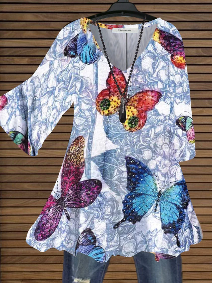 Women Half Sleeve V-neck Butterfly Print Top