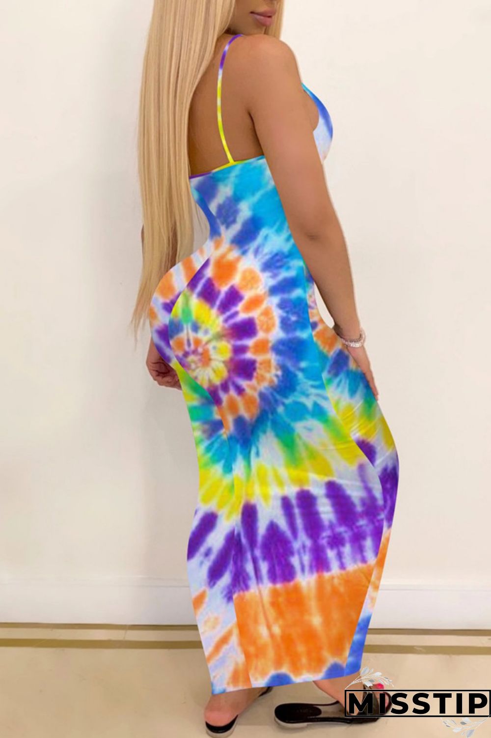 Pink Sexy Print Tie Dye Backless Spaghetti Strap Long Dress Dresses