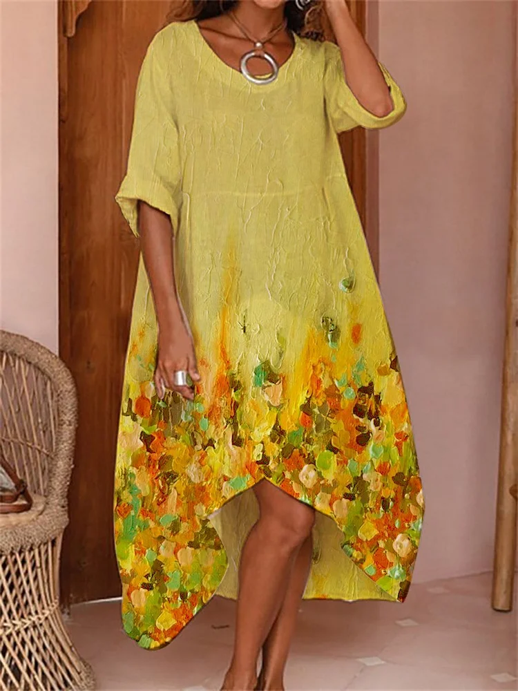 Women's  elegant floral print Loose casual mid-length  dress