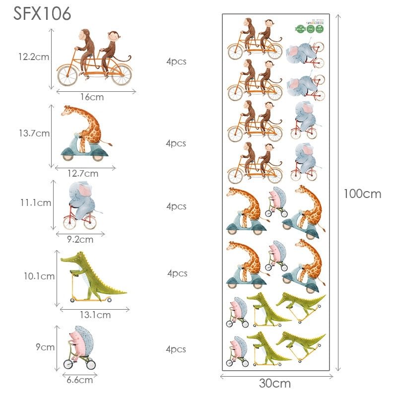Sport Animal Wall Sticker for Kids Room Nursery Boys Bedroom Giraffe Electric Bicycle Elephant Bicycle Crocodile Scooter Decals