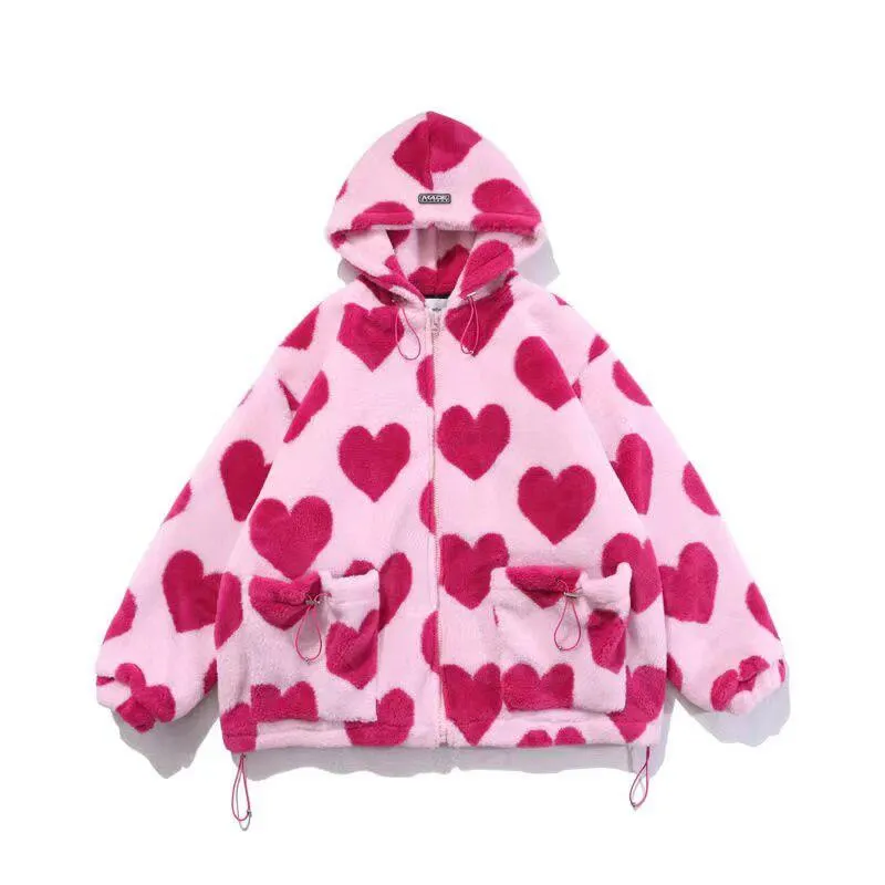 Brownm Heart Pattern Hooded Jacket