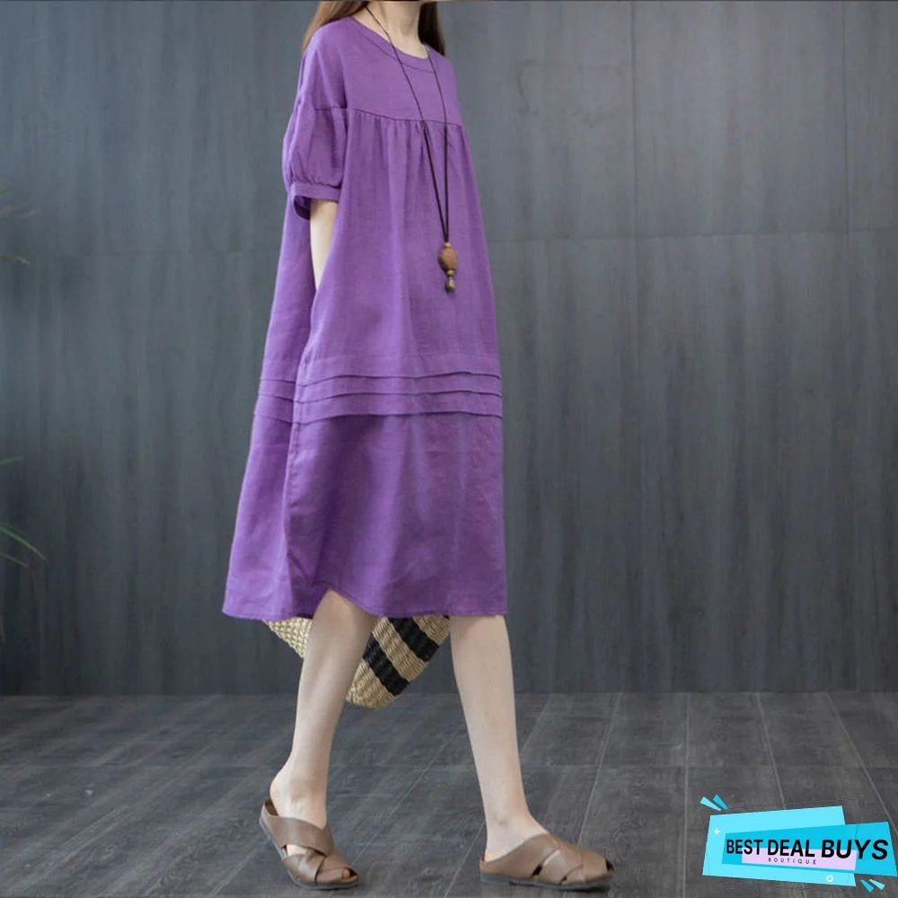 Cotton Dress Women's Casual Loose Plus Size Teaching Folds to Cover Belly Linen