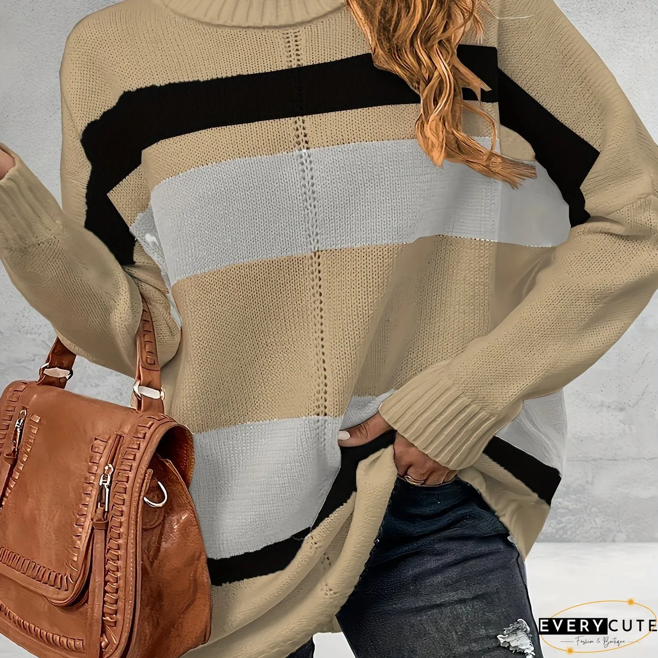 Plus Size Casual Sweater, Women's Plus Colorblock Long Sleeve Turtle Neck Slight Stretch Sweater