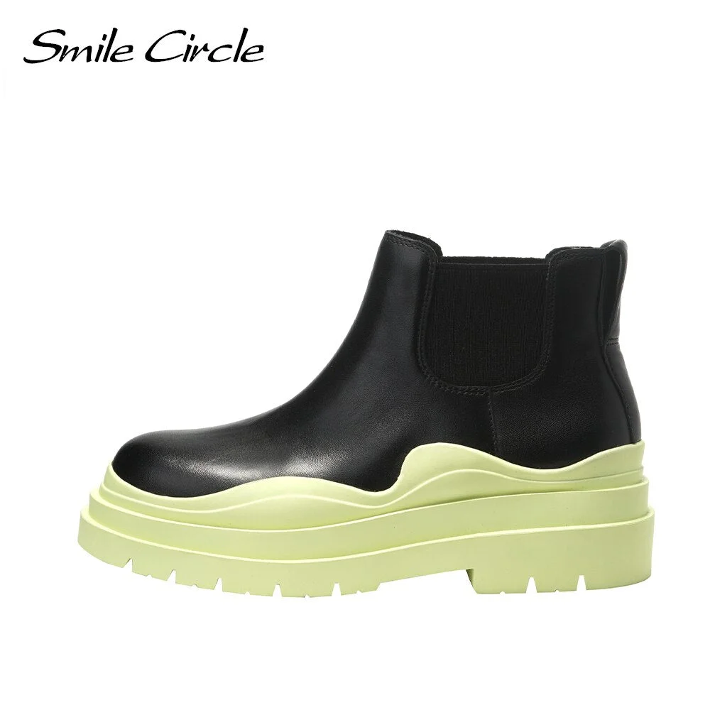 Smile Circle Ankle Boots Women Flats Platform shoes Genuine Leather Fashion Thick bottom Ladies Short Boots 2021