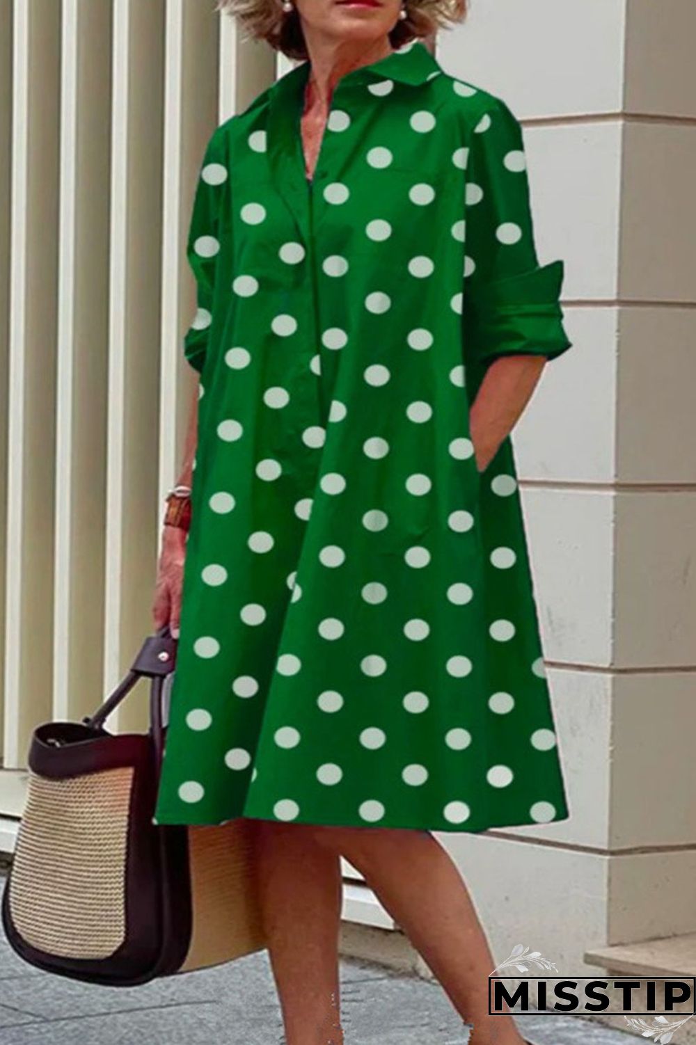 Black Casual Print Polka Dot Patchwork Buckle Turndown Collar Shirt Dress Dresses