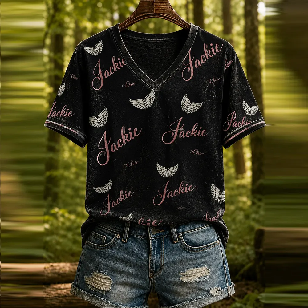 Comstylish Women's Flying Jackie Letter Minimalist Print V-neck T-shirt