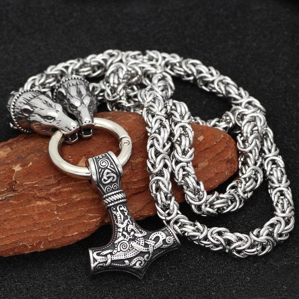 Vikings Bear Head Mjolnir Stainless Steel Necklace