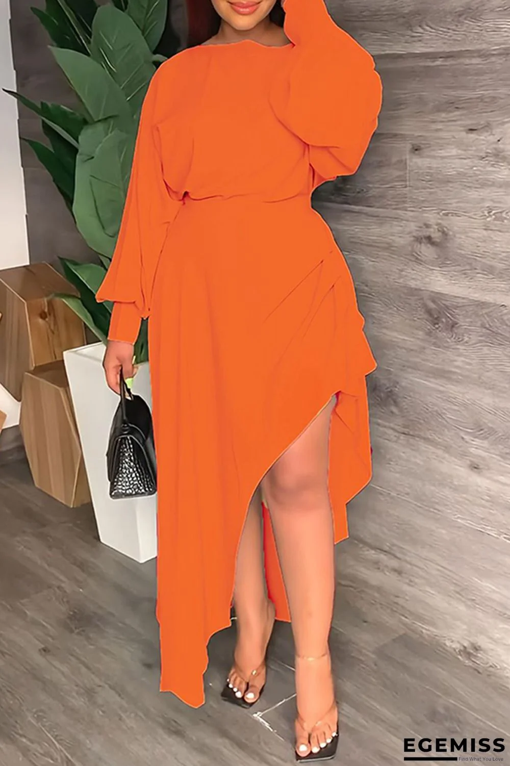 Orange Casual Solid Patchwork Asymmetrical O Neck Long Sleeve Dresses | EGEMISS