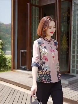 Stylish Pink Stand Collar Print Side Open Silk Shirt Tops Half Sleeve