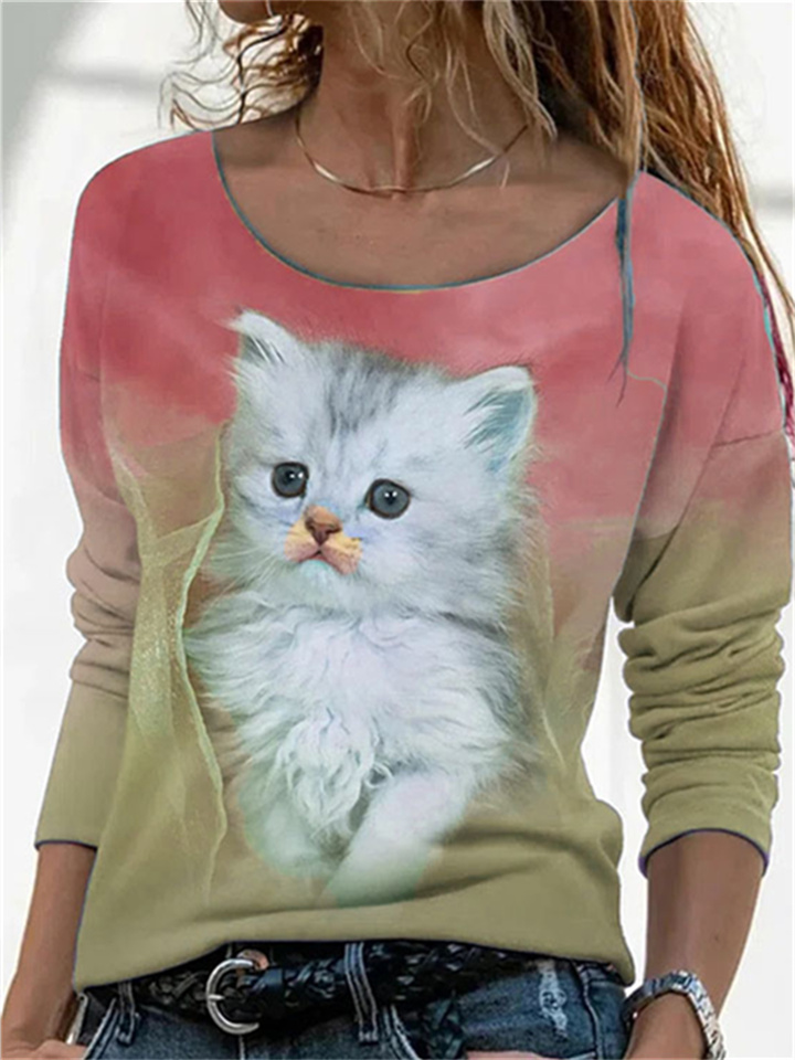 White Cat Print Pattern Round Neck Long Sleeve T-shirt Tops Green Gray Red Blue Pink