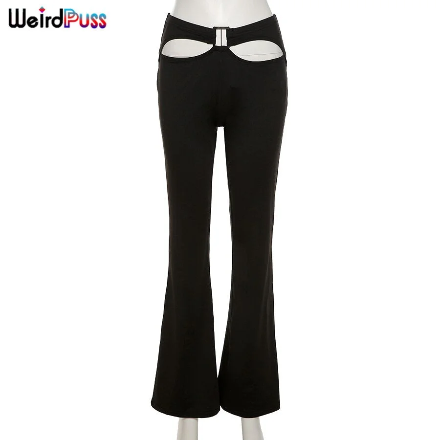 Weird Puss Hollow Low Waist Y2K Pants Chic Harajuku Women Streetwear 2022 Trend Summer Flare Pants Skinny Elastic Long Trousers