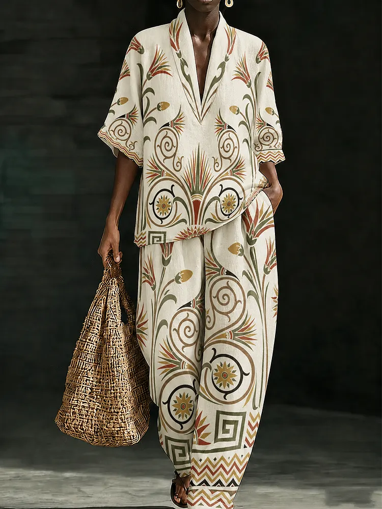 Women's two-piece set with ethnic-style floral print