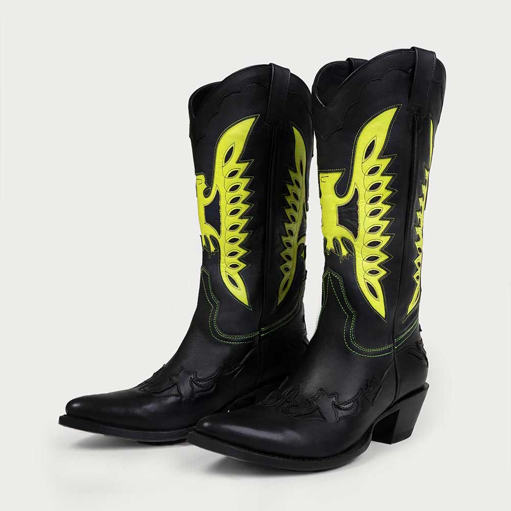 Black & Yellow Eagle Stitching Pointed Toe Chunky Heel Cowgirl Boots Nicepairs