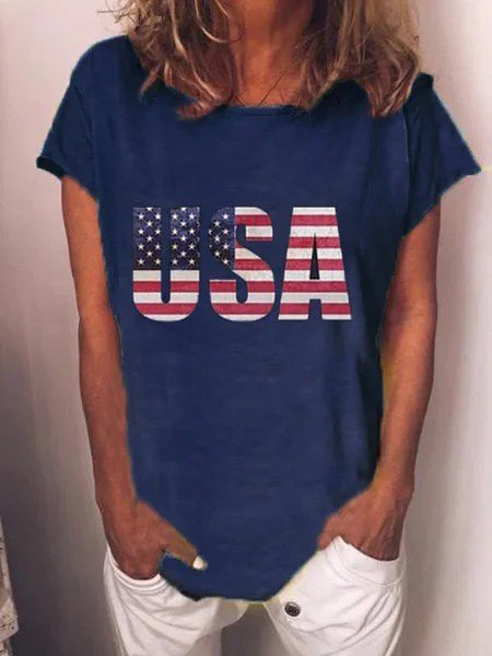 Bestdealfriday American Independence Day Navy Blue Short Sleeve Cotton Blend Shirts Tops 9442203