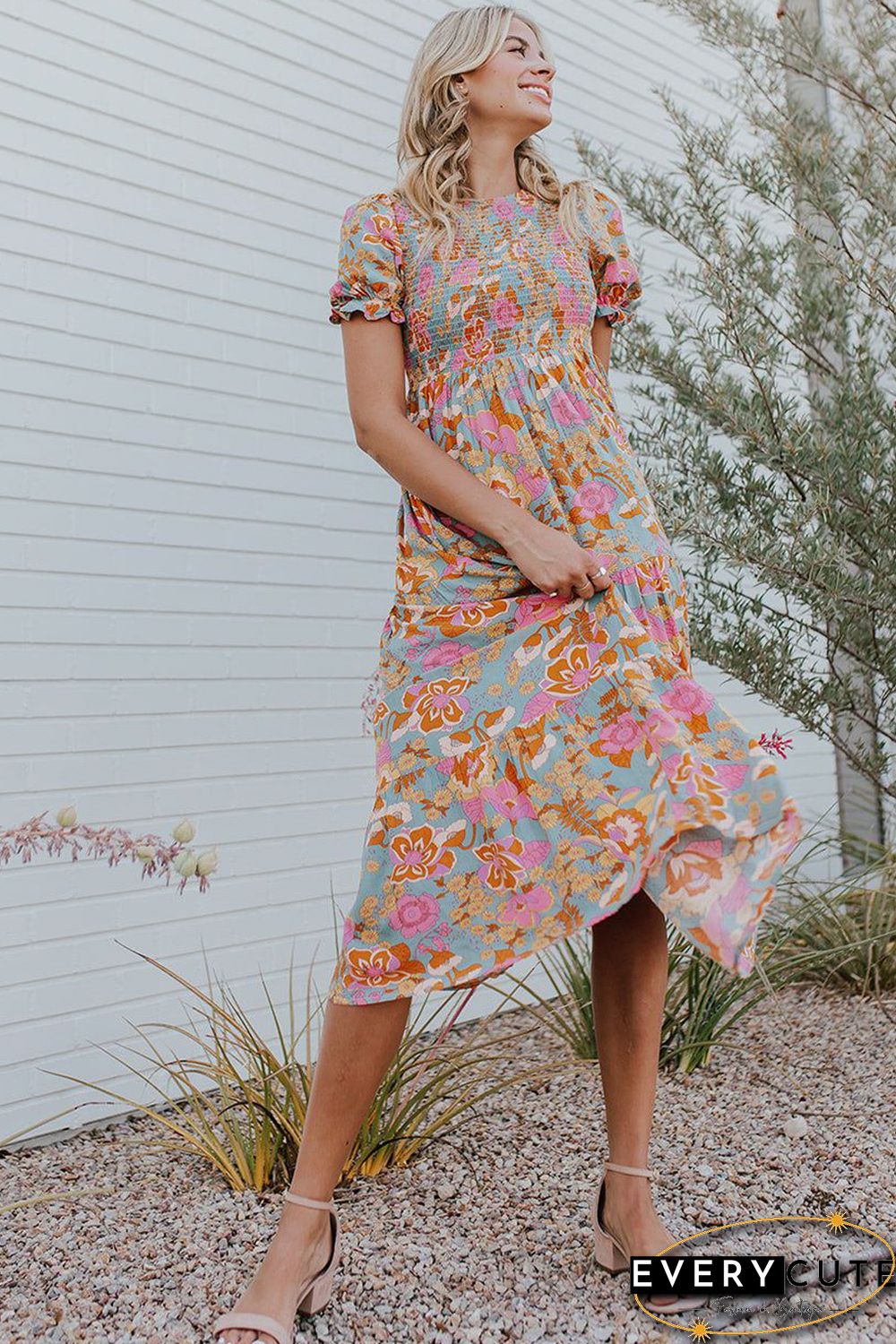 Sky Blue Floral Bubble Sleeve Smocked Flowy Ruffle Dress