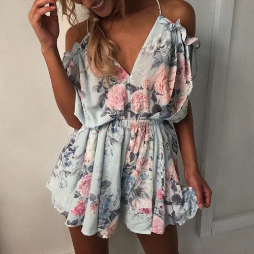 Women Rompers print lace Jumpsuit Summer Short pleated Overalls Jumpsuit Female chest wrapped strapless Playsuit