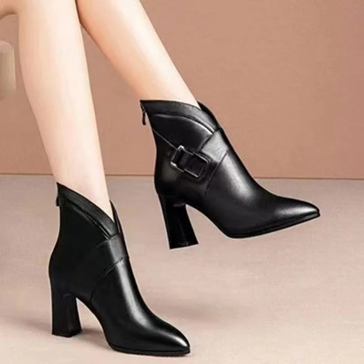 Yyvonne Short-Skinned Women 2025 Autumn And Winter New Pointed Fashion Boots Sexy Leather Boots Coarse Zippered Woman