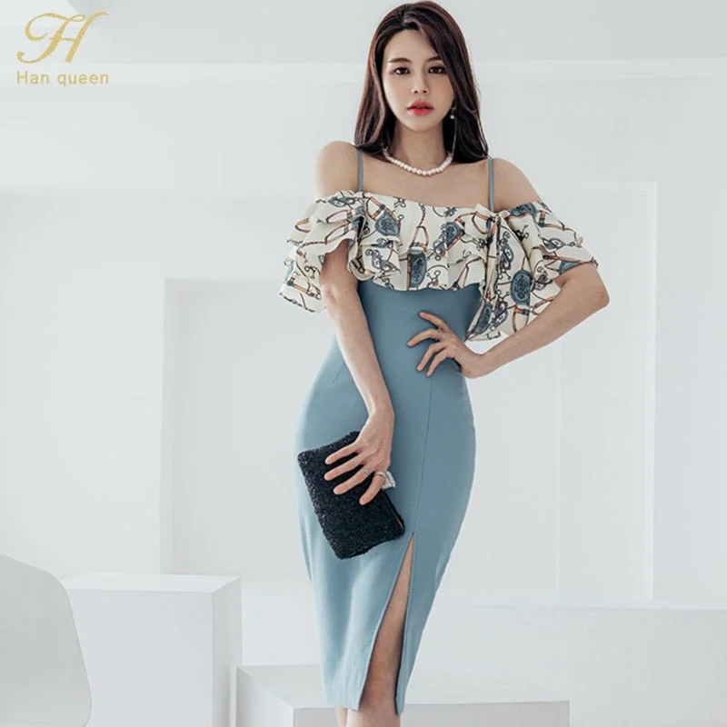 H Han Queen Elegant Sexy Suspenders Pencil Dress Women Korean Slim Printed Patchwork Sheath Dresses Party Bodycon Vestido Summer