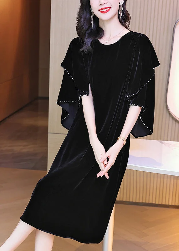 Style Black O-Neck Ruffled Patchwork Silk Velour Dress Fall