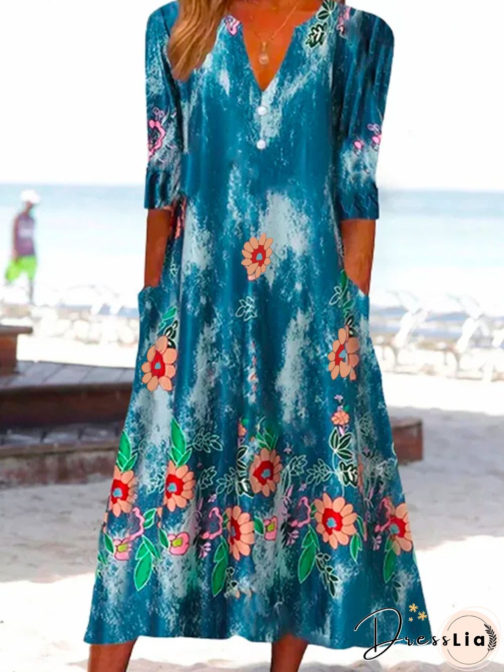 Casual Floral V Neck Short Sleeve Woven Dress